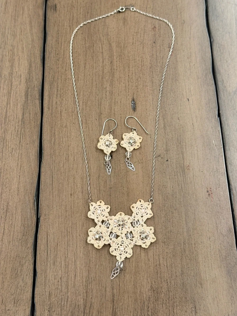 Delicate Cream Crochet Lace Floral Necklace & Earrings Set Vintage Style #